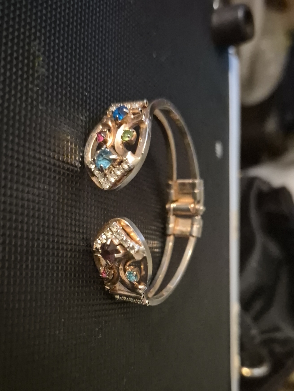 Vintage Gold Tone Grapevine Rhinestone Hinged Cuff Clamper Bracelet